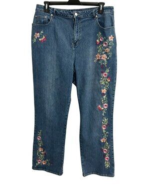 Mwah Jeans 20W Blue Denim Floral Embroidered Cropped Pants Gardencore Boho Chic